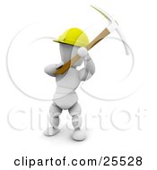 Poster, Art Print Of White Character Construction Worker Wearing A Hard Hat And Working With A Pickaxe