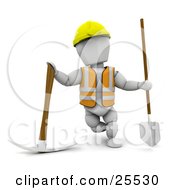 Poster, Art Print Of White Character Construction Worker Wearing A Hard Hat And Vest Standing With A Pickaxe And Shovel