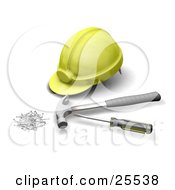 Clipart Illustration Of A Yellow Hardhat Nails Screwdriver And A Hammer