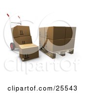 Poster, Art Print Of Hand Truck With Boxes Parked By A Pallet With Cardboard Boxes