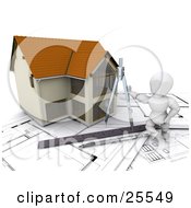 White Character Leaning Against A Custom Two Story Home Leaning Against A Drawing Compass With A Ruler And Pen On Blueprints