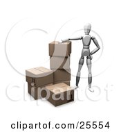 White Figure Character Resting His Arm On A Stack Of Cardboard Shipping Boxes