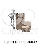 White Figure Character Working In A Shipment Warehouse Leaning Against Stacked Shipping Boxes