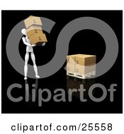 Poster, Art Print Of White Figure Character Carrying Three Cardboard Boxes To Stack Them On A Pallet