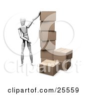 Poster, Art Print Of White Figure Character Standing By A Stacked Pile Of Cardboard Shipping Boxes