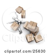 Poster, Art Print Of White Figure Character Lying Injured On The Floor Under A Collapsed Pile Of Heavy Cardboard Boxes
