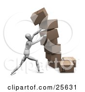 Poster, Art Print Of White Figure Character Straightening Leaning Boxes Of Cardboard Shipping Boxes