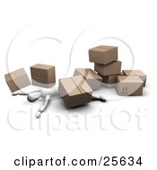 Poster, Art Print Of Injured White Figure Character Lying Under A Collapsed Pile Of Heavy Cardboard Shipment Boxes