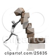 Poster, Art Print Of White Figure Character Trying To Steady A Leaning Boxes Of Cardboard Shipping Boxes