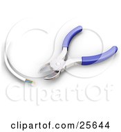 Clipart Illustration Of A Pair Of Blue Handled Wire Cutters Shipping A White Cable