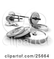 Clipart Illustration Of Chrome Dumbbells And Barbell Weights Over White by KJ Pargeter