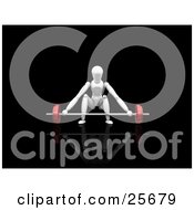 Clipart Illustration Of A White Figure Character Crouching To Lift A Heavy Red Barbell In A Gym