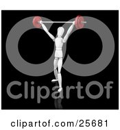 Clipart Illustration Of A Strong White Figure Character Holding A Barbell With Red Weights Above His Head
