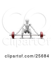 Clipart Illustration Of A Crouching White Figure Character About To Lift A Heavy Red Barbell In A Gym by KJ Pargeter