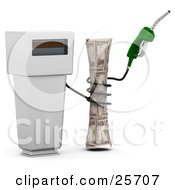 Clipart Illustration Of A Gasoline Pump With A Green Nozzle And Black Cable Squeezing Cash Symbolizing Gas Prices by KJ Pargeter