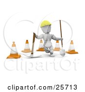 Poster, Art Print Of White Character Construction Worker Wearing A Hard Hat And Standing With A Pickaxe And Shovel In Front Of Construction Cones