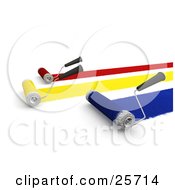 Poster, Art Print Of Roller Brushes Painting Red Yellow And Blue Paint To A Wall