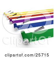 Poster, Art Print Of Roller Brushes Painting Yellow Orange Red Purple Blue And Green Paint To A Wall
