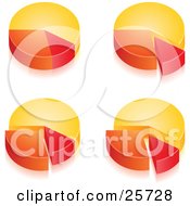 Group Of Four Yellow Orange And Red Pie Chart Graphs Showing Different Percentages