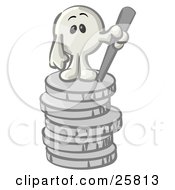 Clipart Illustration Of A White Konkee Character Standing On Top Of A Stack Of Coins