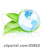 Clipart Illustration Of Green Leaves With Dew Drops Embracing The Blue Planet Earth