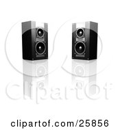 Poster, Art Print Of Two Black And Silver Radio Speakers Facing Slightly Towards Each Other On A Reflective White Surface