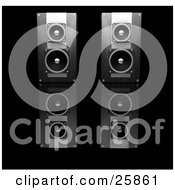 Clipart Illustration Of A Pair Of Black Radio Speakers Side By Side Facing Front On A Reflective Black Surface