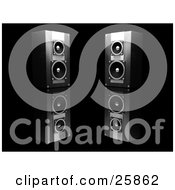 Clipart Illustration Of Two Black Stereo Speakers Facing Slightly Towards Each Other On A Reflective Black Surface