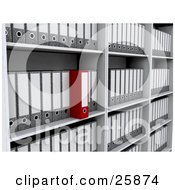 Clipart Illustration Of A Red Binder Sticking Out Of Rows Of Binders With Blank Labels Archived On A Bookshelf by KJ Pargeter