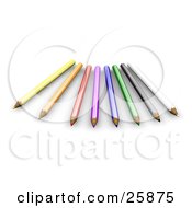Clipart Illustration Of A Group Of Sharped Yellow Orange Red Purple Blue Green Black And White Colored Pencils Over White