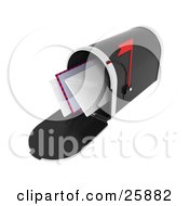 Clipart Illustration Of A Black Mailbox With A Red Flag With Envelopes Sticking Out Over White by KJ Pargeter