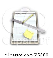 Pencil Ruler And Sticky Note On Top Of Lined Paper On A Clipboard Over White