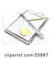Poster, Art Print Of Wooden Clipboard With Lined Sheets Of Paper A Sticky Note Ruler And Pencil On White