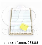 Yellow Sticky Note On A Sheet Of Lined Paper On A Wooden Clipboard Over White