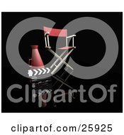 Clipart Illustration Of A Clapper And Loud Hailer Beside A Directors Chair Over Black