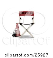 Loud Hailer Cone Clapperboard And Red Movie Directors Chair On White
