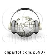 Poster, Art Print Of Headphones On A White And Yellow Globe Featuring The Americas Over White