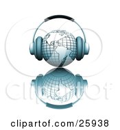 Poster, Art Print Of Pair Of Headphones On A Blue Globe Featuring The Americas Over A White Reflective Surface