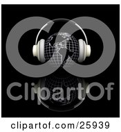Poster, Art Print Of Pair Of Headphones On A Globe Featuring The Americas Over A Black Reflective Surface