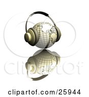 Poster, Art Print Of Pair Of Headphones On A Yellow Globe Featuring The Americas Over A White Reflective Surface