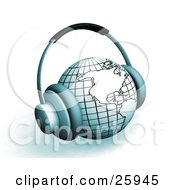 Poster, Art Print Of Headphones On A White And Blue Globe Featuring The Americas Over White