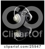 Poster, Art Print Of Pair Of Headphones On A Globe Featuring The Americas Facing Slightly Right Over A Black Reflective Surface