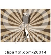 Clipart Illustration Of A Chrome Vintage Microphone Over A Bursting Brown And Tan Background