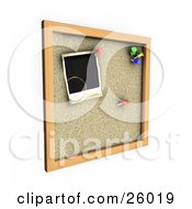 Poster, Art Print Of Cork Board With Red Green Yellow And Blue Pins With A Blank Polaroid Picture