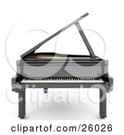 Glossy Black Grand Piano With The Top Open Facing Front Over White