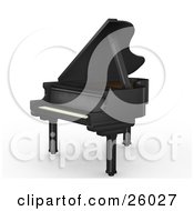 Flat Black Grand Piano With The Top Open Facing To The Left Over White