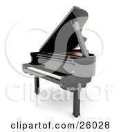 Glossy Black Grand Piano With The Top Open Facing To The Left Over White