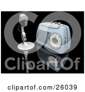 Poster, Art Print Of Retro Microphone And Blue Radio On A Reflective Black Surface