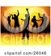 Clipart Illustration Of Men And Women Silhouetted And Dancing Against A Volumizer Background On A Reflective Surface by KJ Pargeter