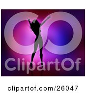 Clipart Illustration Of A Silhouetted Celebrity Woman Dancing And Singing On Stage Against A Pink Purple And Blue Background by KJ Pargeter